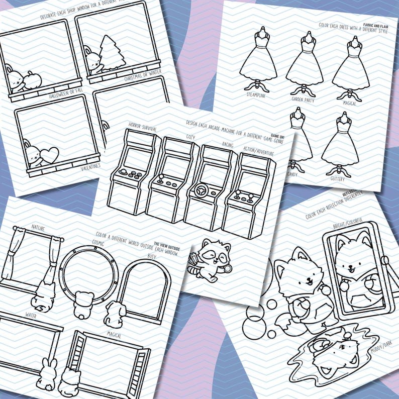 May include: Black and white line art illustrations of various themes, including shop windows with seasonal decorations, arcade machines, dresses, and a raccoon. The text includes "Halloween or Fall", "Christmas or Winter", and "Valentines".
