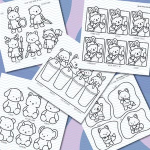 May include: A collection of black and white line art coloring pages featuring various themes. Includes animal characters in different styles, selfie-themed bunnies, and illustrations depicting moods. The pages are designed for coloring.