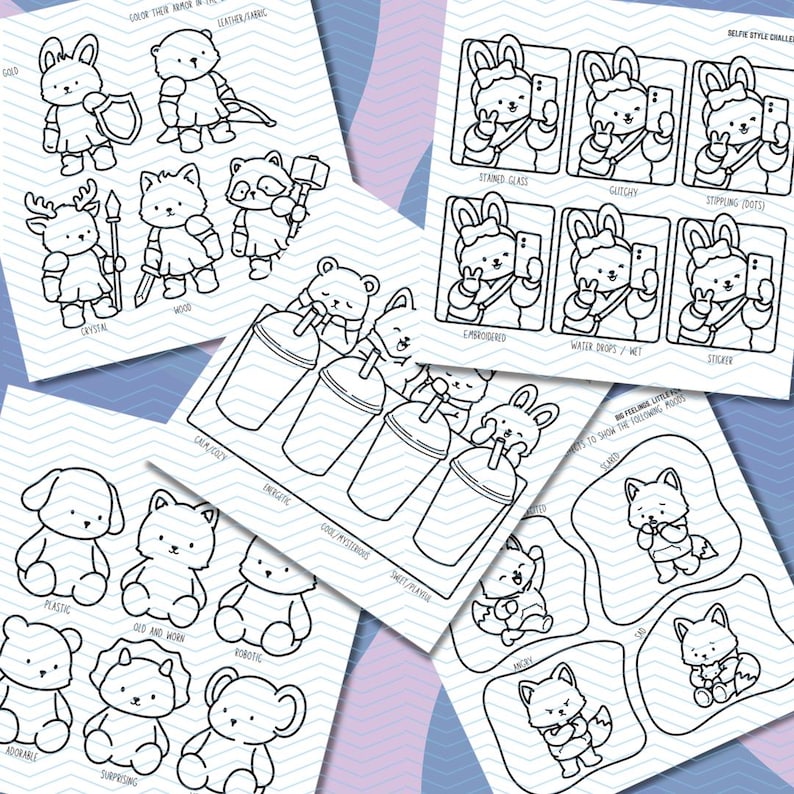 May include: A collection of black and white line art coloring pages featuring various themes. Includes animal characters in different styles, selfie-themed bunnies, and illustrations depicting moods. The pages are designed for coloring.