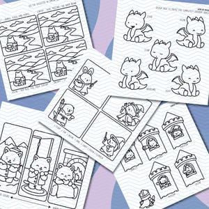 May include: A collection of black and white coloring pages featuring various fantasy themes. The pages include illustrations of dragons, cats, castles, and other whimsical characters. Each page has prompts for color suggestions and design ideas.