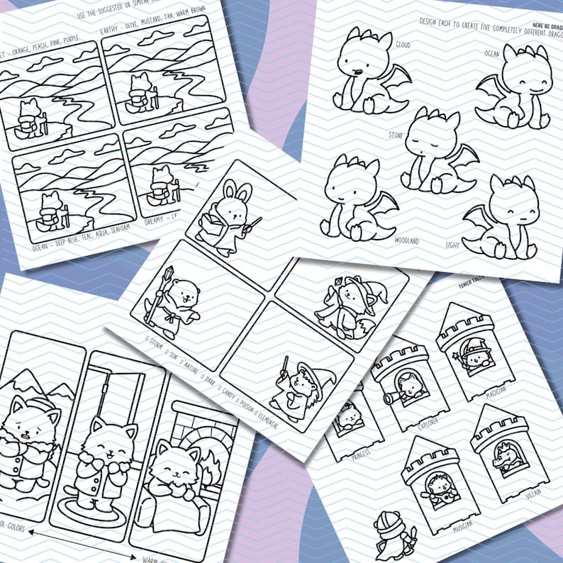 May include: A collection of black and white coloring pages featuring various fantasy themes. The pages include illustrations of dragons, cats, castles, and other whimsical characters. Each page has prompts for color suggestions and design ideas.