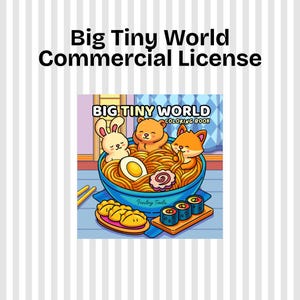 Puede incluir: Ilustración colorida de una portada de libro para colorear con el texto "Big Tiny World Commercial License". La portada presenta un cuenco de ramen con animales de dibujos animados: un conejo, un oso y un zorro. También se muestran sushi y empanadillas.