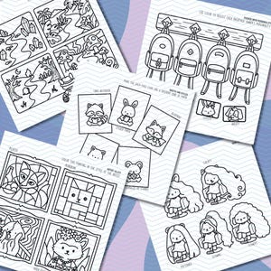 May include: A collection of black and white coloring pages featuring various themes. Includes scenes of nature, animals, and stylized characters. Some pages have text such as "lined notebook", "sticker paper", and "galaxy".