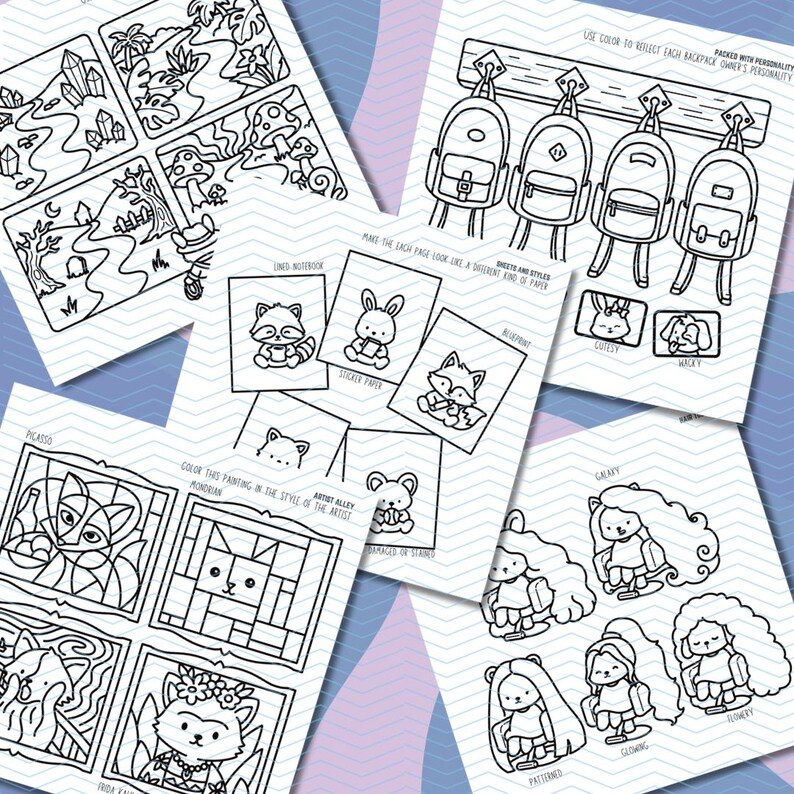 May include: A collection of black and white coloring pages featuring various themes. Includes scenes of nature, animals, and stylized characters. Some pages have text such as "lined notebook", "sticker paper", and "galaxy".