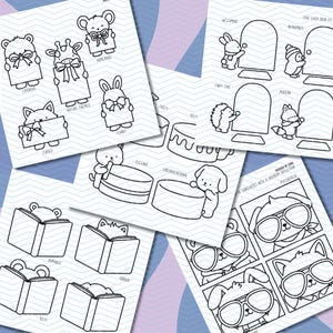 May include: Black and white line art illustrations on white paper. The images feature animals with bows, cakes, doors, and books. Text includes "Expensive", "Nature Themed", "Homemade", "Cursed", "Funny", "Tasty", "Ugly", "Elegant", "Unconventional", "Welcoming", "Fairy Tale", "Abandoned", "Modern", "Romance", "Horror", "Sci-Fi", and "Psychedelic".