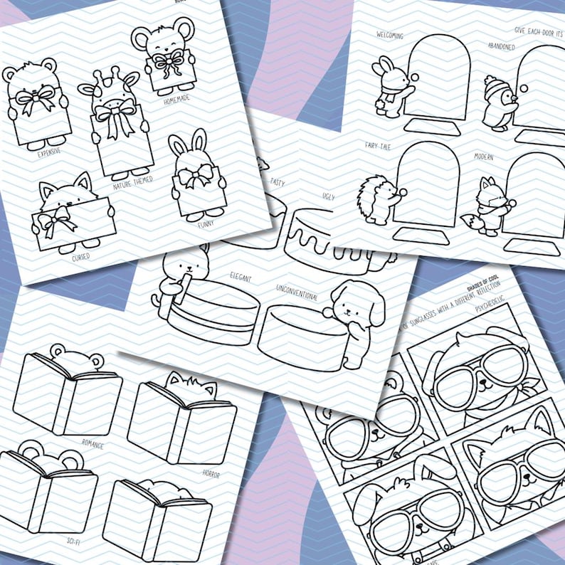 May include: Black and white line art illustrations on white paper. The images feature animals with bows, cakes, doors, and books. Text includes "Expensive", "Nature Themed", "Homemade", "Cursed", "Funny", "Tasty", "Ugly", "Elegant", "Unconventional", "Welcoming", "Fairy Tale", "Abandoned", "Modern", "Romance", "Horror", "Sci-Fi", and "Psychedelic".