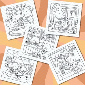 Pu&ograve; includere: Una collezione di cinque illustrazioni in bianco e nero con animali antropomorfi in vari scenari. Le scene includono un cervo che legge a un coniglio, un rinoceronte a una porta, animali in una panetteria e orsi in kayak.
