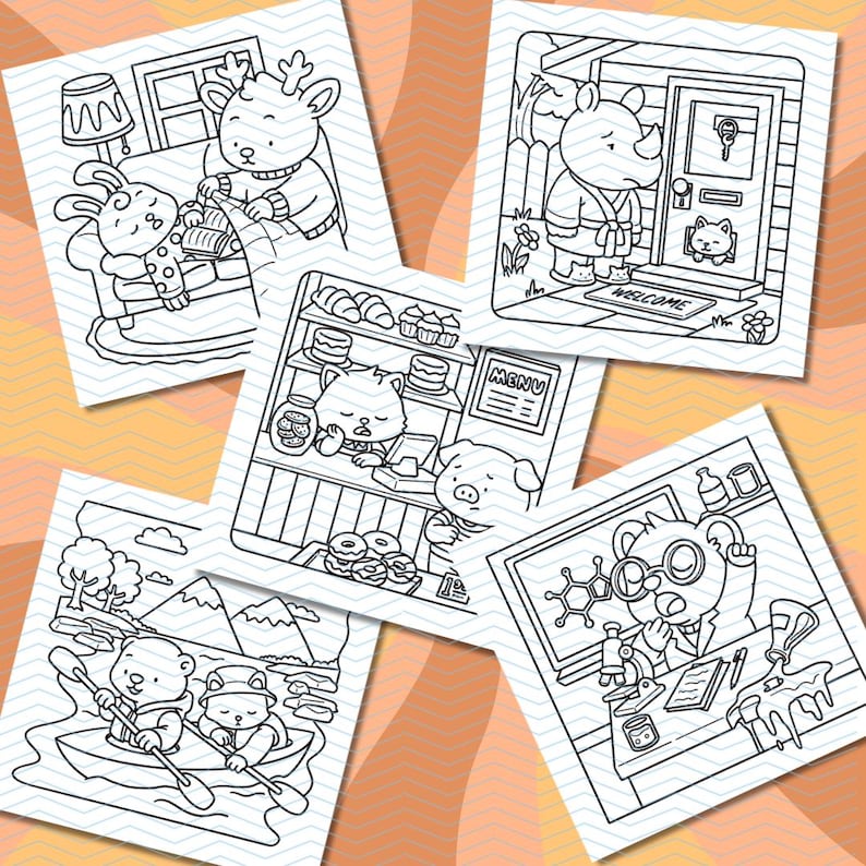 Pu&ograve; includere: Una collezione di cinque illustrazioni in bianco e nero con animali antropomorfi in vari scenari. Le scene includono un cervo che legge a un coniglio, un rinoceronte a una porta, animali in una panetteria e orsi in kayak.