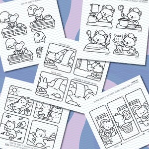 May include: A collection of black and white coloring pages featuring cartoon animals in various scenes. The pages include images of a cat, a mouse, and a rabbit, with text such as "Laundry Day" and "Magical Waters."