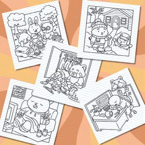 Pu&ograve; includere: Una collezione di illustrazioni in bianco e nero con animali antropomorfi in vari contesti. Le scene includono un picnic, attivit&agrave; invernali, un armadio disordinato, rilassarsi su un divano e lavorare a una scrivania.