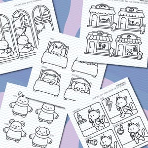 May include: Black and white line art coloring pages featuring various scenes. Includes images of animals in beds, storefronts, and cats with different light sources. Text includes "Fancy", "Dreamy", and "Patterned".