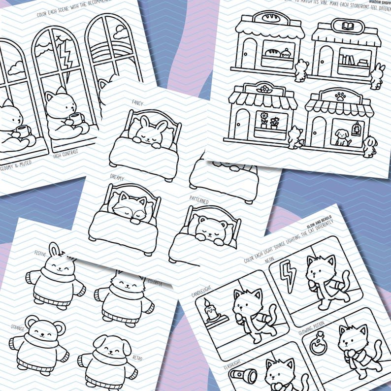 May include: Black and white line art coloring pages featuring various scenes. Includes images of animals in beds, storefronts, and cats with different light sources. Text includes "Fancy", "Dreamy", and "Patterned".