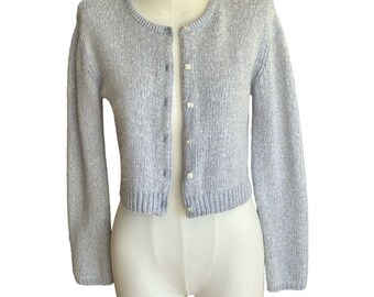 Vintage 70er Eastside Westside Seide Angora Lammwolle Mischung Crop Cardigan Sz L