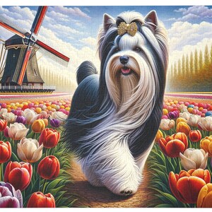 Jigsaw Puzzle A Biewer Terrier&#39;s Day Out Among the Tulips and Windmills. Perfect for puzzle enthusiast and dog lovers a like 500, 1000-Piece