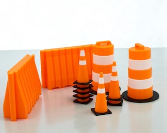 Miniature Traffic Safety Set – 3D Printed Cones, Barrels & Barriers Bundle