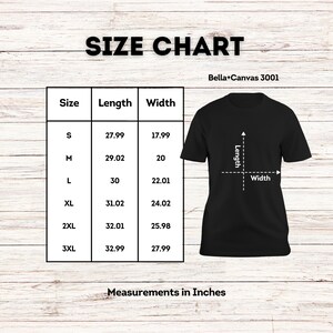 Peut inclure: Tableau des tailles pour les t-shirts Bella+Canvas 3001, indiquant les mesures en pouces pour les tailles S &agrave; 3XL. Le tableau comprend les mesures de longueur et de largeur pour chaque taille.