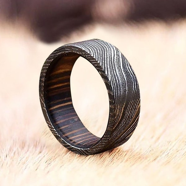 Handcrafted Damascus Steel Rings for Men, Wooden Inlay, Elegant Wood Wedding Bands, Artisan Wood Rings for Women, Wooden Engagement Rings,