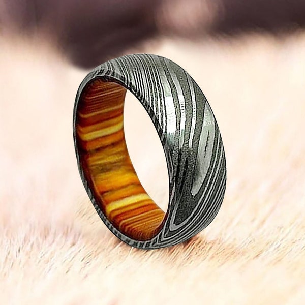 Damascus Steel Whiskey Barrel Ring Man Ring Wood Wedding Ring Man Promise Ring Damascus Steel Ring Man Ring Engagement Ring Man Wedding Band