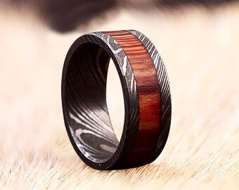 Damascus Steel Whiskey Barrel Rings, Man Wood Wedding Ring/Man Promise Ring Damascus Steel Ring Man Ring Engagement Ring Man Wedding Band