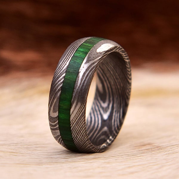 Handcrafted Damascus Steel Rings for Men, Wooden Inlay, Elegant Wood Wedding Bands, Artisan Wood Rings for Women, Wooden Engagement Rings,
