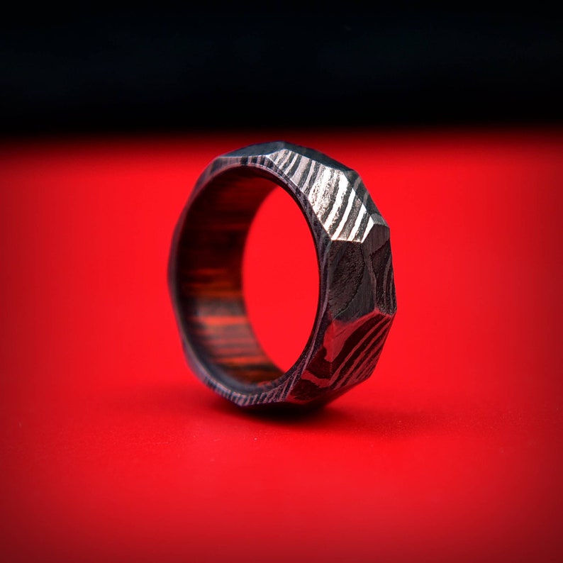 Damascus Steel Whiskey Barrel Ring Man Ring Wood Wedding Ring Man ...