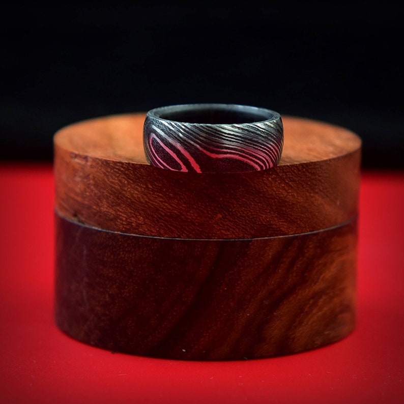 Damascus Steel Whiskey Barrel Ring Man Ring Wood Wedding Ring Man ...