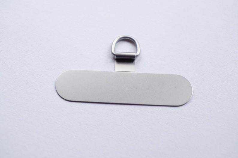 May include: A silver metal tag with a loop at the top. The tag is oval shaped and has a smooth surface.