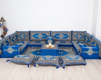 Custom Arabic Sofa, Bench Cushion, U Shaped Floor Seatings, Blue Benches, Living Room Majlis, Moroccan Sofa Set, Luxury Floor Couch, Ottoman