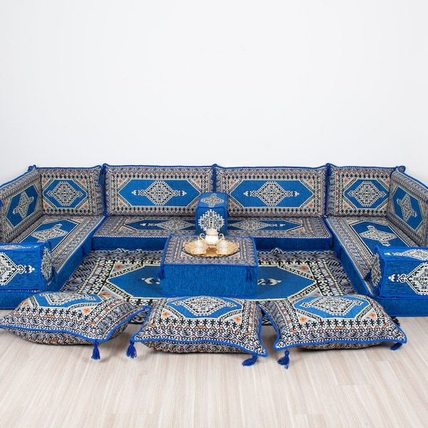 Custom Arabic Sofa, Bench Cushion, U Shaped Floor Seatings, Blue Benches, Living Room Majlis, Moroccan Sofa Set, Luxury Floor Couch, Ottoman