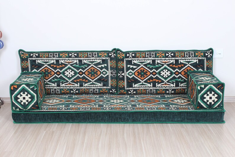 Arabic Bench Cushion, Pallet Sofa Cushion, Green Veranda Couches, Garden Pillow Set, Arabic Sofa Set, Ethnic Seating Set, Floor Sofa Pillow Green