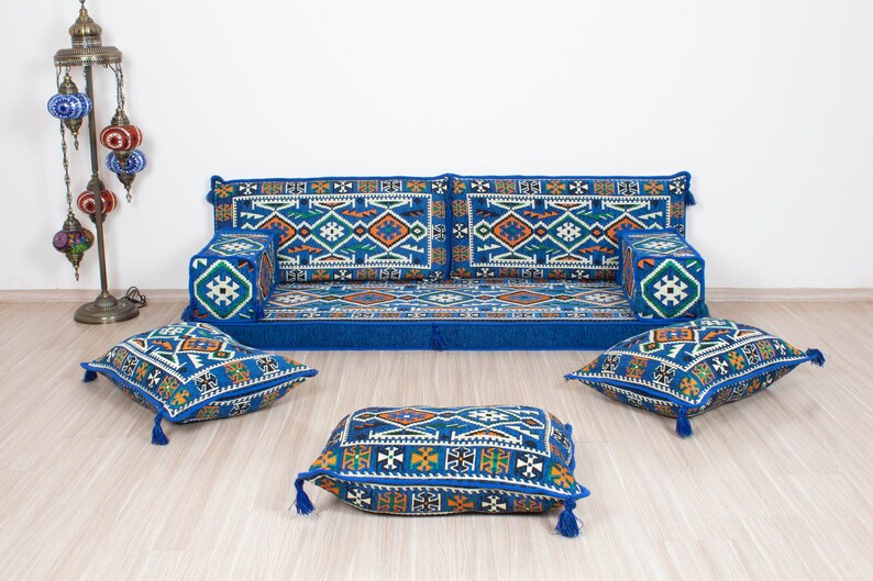 Custom Arabic Diwan, Patterned Cushion Cover, Ethnic Floor Cushion, Bohemian Home Decor, Balcony Floor Seat, Moroccan Couches, Arabic Sofa zdjęcie 7