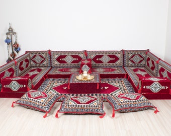 U Shaped Sofa Set, Custom Floor Cushion, Oriental Sofa Set, Arabic Home Decor, Corner Seating Pillow, Arabic Benches, Maroon Sectional Sofa