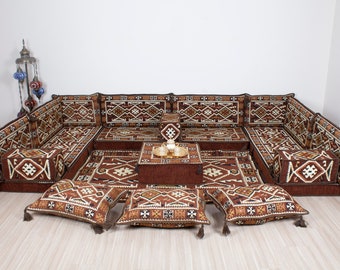 U-förmiges Diwan-Set, türkische Zweiersofas, gemusterte Sofagarnitur, Schnittsitzsofa, Terrassenkissensofa, marokkanische Sofagarnitur, arabische Sofas