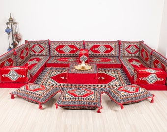 Custom U Shaped Diwan, Red Bench Cushion, Arabic Seating Set, Livingroom Sofa Set, Sectional Couches, Garden Pillow Set, Oriental Sofa Set