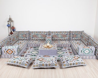 Ensemble de canapés arabes en U gris, Coussin de sol marocain, Majlis arabe, Ensemble de sièges ethniques, Bancs véranda, Canapé au sol