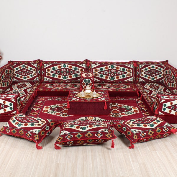 Majlis oriental en forme de U, ensemble de canapés arabes, canapé palette, canapé véranda coussin, coussin de sol ethnique, ensemble de sièges au sol, ensemble de diwans arabes