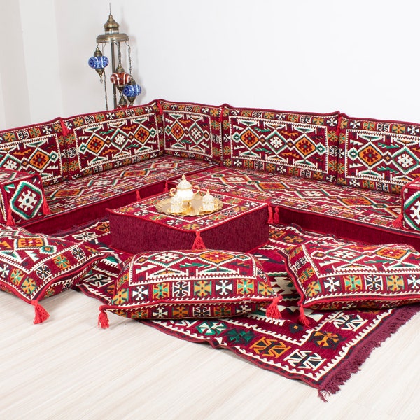 Ensemble de canapé en L, Coussin de banc personnalisé, Ensemble de sièges de salon, Canapé de véranda, Coussin de sol, Ensemble de canapé ethnique, Bancs marocains