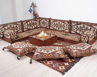 L Shaped Couches, Garden Seating Sofa, Custom Couch Set, Arabic Floor Seat, Traditional Pillow Set, Arabic Couches, Brown Patterned Majlis