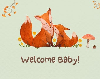Baby Birth Card Print at Home | Baby Congratulations Card | Welcome Baby | Birth Card | Fox Card | Animal Card | Digital Download
