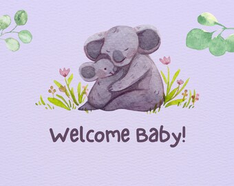 Baby Geburtskarte zu Hause drucken | Baby Glückwunschkarte | Willkommen Baby | Geburtskarte | Karte Koala Baby | Tierkarte Baby digitaler Download