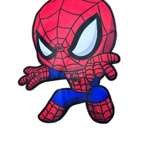 May include: A cartoon illustration of Spiderman in a red and blue suit with a white spider logo on his chest. He is in a jumping pose with his arms outstretched.