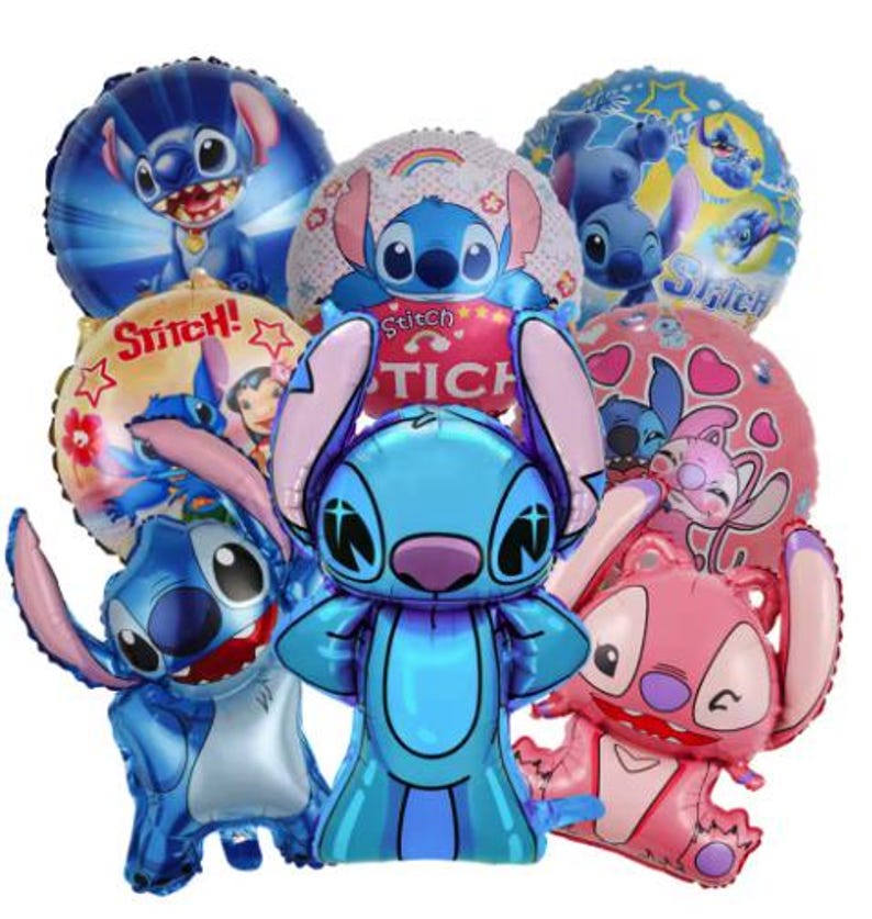 Puede incluir: Un conjunto de nueve globos de aluminio azul y rosa con Stitch de la pel&iacute;cula de Disney Lilo & Stitch. Los globos tienen la forma de la cabeza y el cuerpo de Stitch, y algunos tienen las palabras "Stitch!" y "Stitch" impresas en ellos.