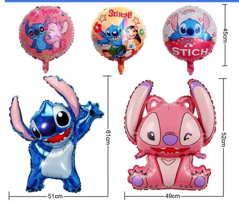 Puede incluir: Un conjunto de seis decoraciones de globos Stitch azules y rosas. Los globos presentan a Stitch en varias poses, incluyendo un beso con Angel, una bailarina de hula y una pose sentada. Los globos tienen un tama&ntilde;o de 45 cm, 52 cm, 61 cm, 49 cm y 51 cm.