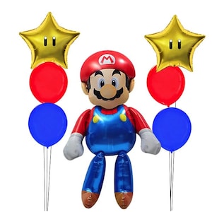 May include: A large Mario-themed balloon figure with a red hat and blue overalls, flanked by two sets of balloons. Each set includes a gold star-shaped balloon and red and blue round balloons, perfect for a birthday party.