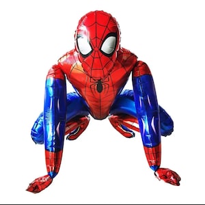 May include: A large, red and blue Spider-Man foil balloon in a crouching pose. The balloon features the character's iconic mask with white eyes and a black spider emblem on the chest. The legs and arms are blue.