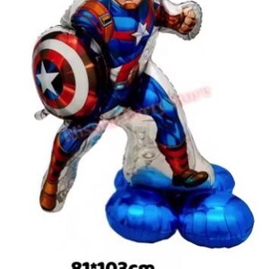 May include: Captain America balloon in a dynamic pose, holding his shield. The balloon is primarily blue, red, and white, with the dimensions of 81x103cm. The balloon is standing on a blue base.