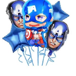 May include: A cluster of Captain America foil balloons. The set includes a large cartoon Captain America figure, two face balloons, and two blue star-shaped balloons. The balloons are in shades of blue, red, and white.