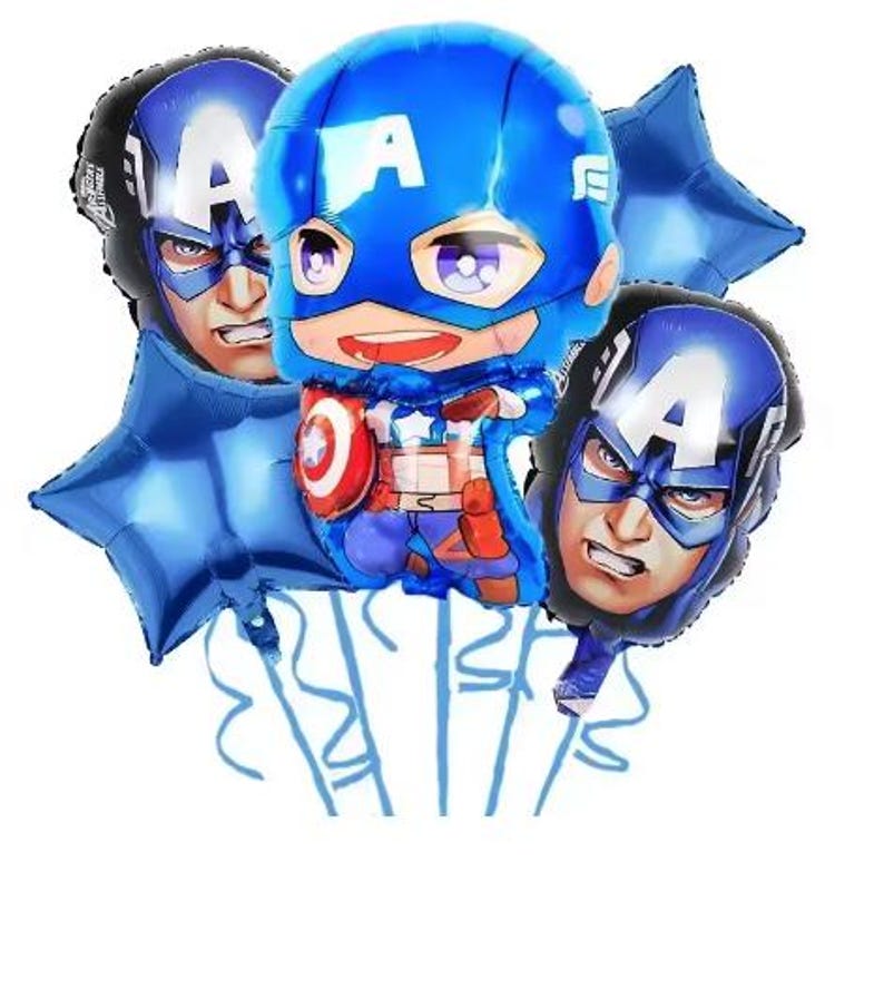 May include: A cluster of Captain America foil balloons. The set includes a large cartoon Captain America figure, two face balloons, and two blue star-shaped balloons. The balloons are in shades of blue, red, and white.