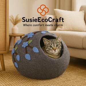 ハンドメイドフェルトウール猫用洞窟ベッド、環境に優しい、グレーフラワーデザイン