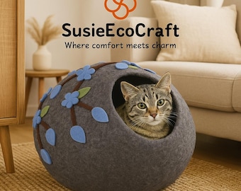 Handmade Felted Wool Cat Cave Bed, Eco Friendly, Grey Flower Design